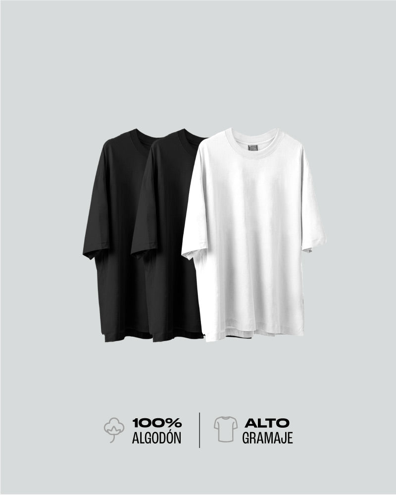 3 Camisetas Para Hombre Oversize Básicas - Negra y Blanca