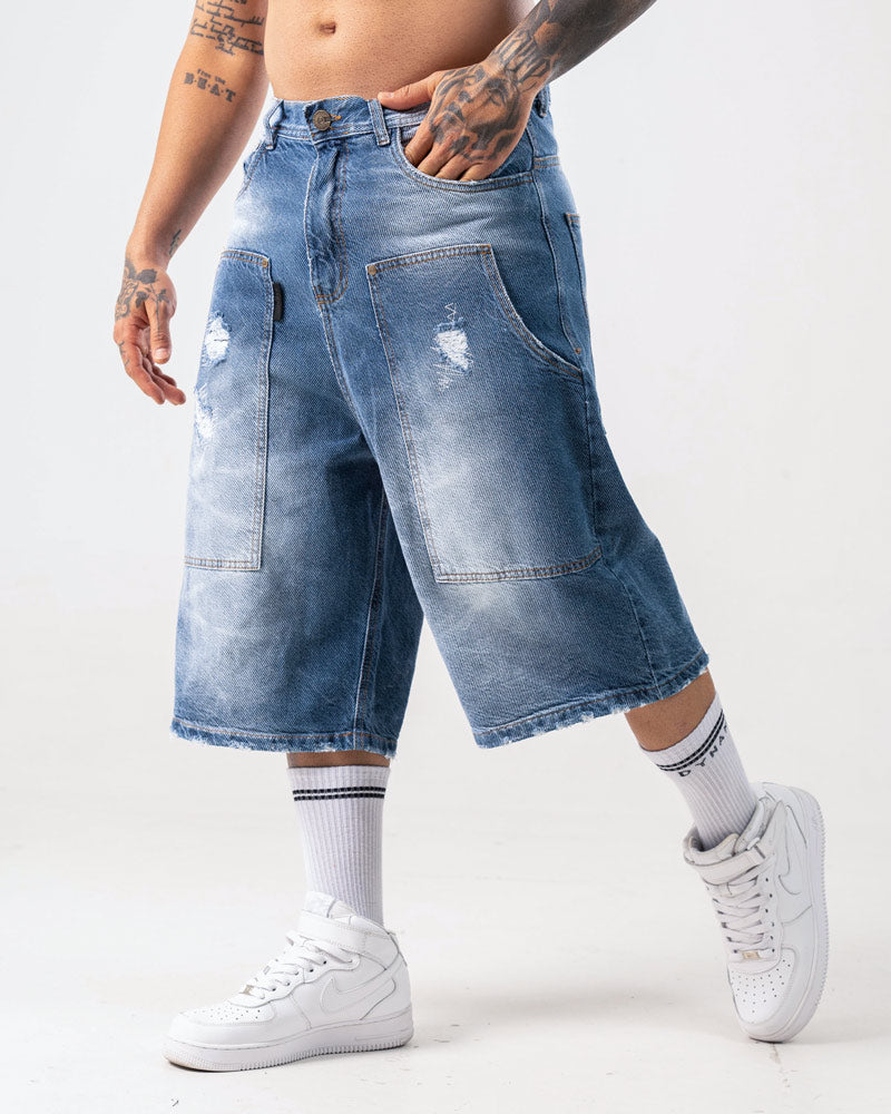 Baggy Jorts Unisex Azul Con Desgaste