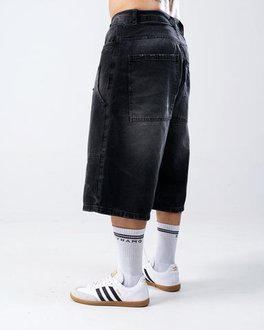 Baggy Jorts Unisex Negro Con Desgaste y Bolsillos