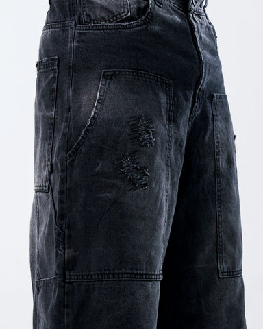 Baggy Jorts Unisex Negro Con Desgaste y Bolsillos