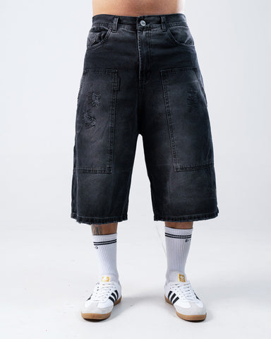 Baggy Jorts Unisex Negro Con Desgaste y Bolsillos