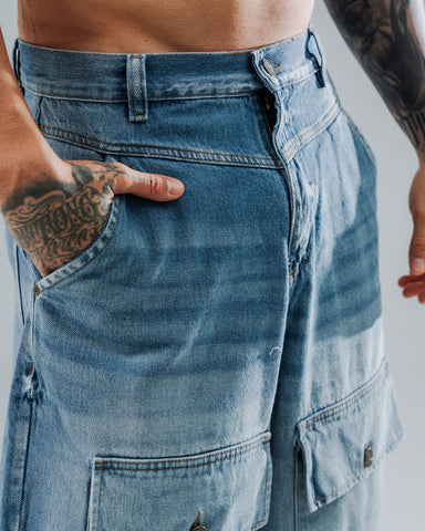 Bermuda Jorts Cargo Oversize Washed Blue
