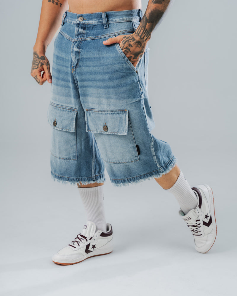 Bermuda Jorts Cargo Oversize Washed Blue