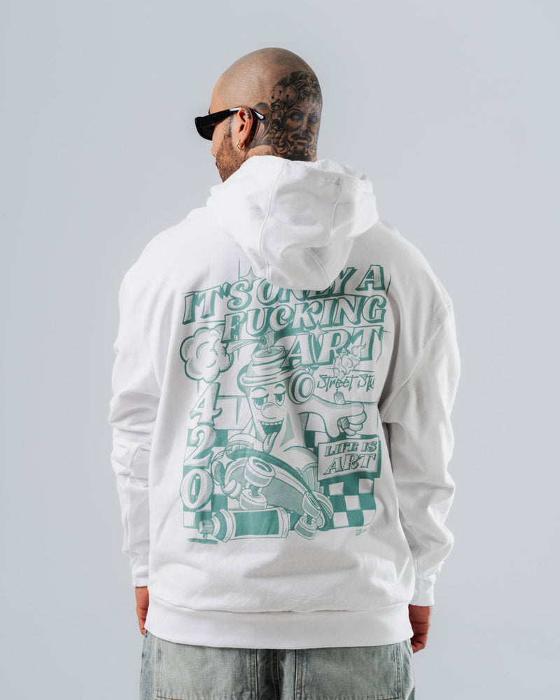 buzo tipo hoodie de color blanco con estampado skate + 420 en serigrafia marca dynamo