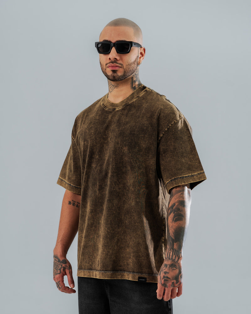 Camiseta Oversize Básica Acid Wash Café