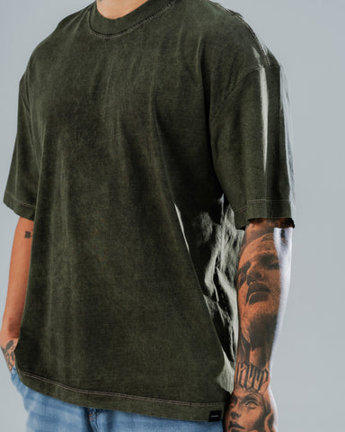 Camiseta Oversize Básica Verde Militar - Acid Wash 270 Gramos