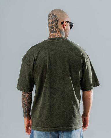Camiseta Oversize Básica Verde Militar - Acid Wash 270 Gramos