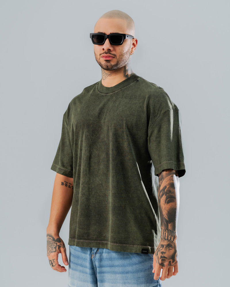 Camiseta Oversize Básica Verde Militar - Acid Wash 270 Gramos