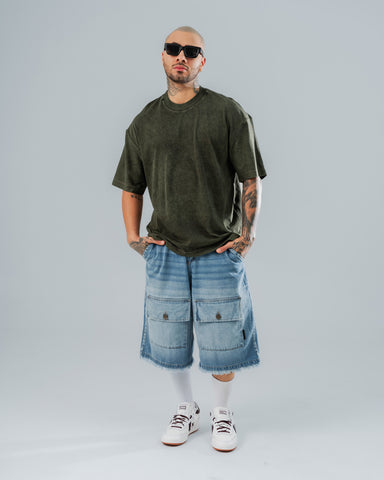 Camiseta Oversize Básica Verde Militar - Acid Wash 270 Gramos