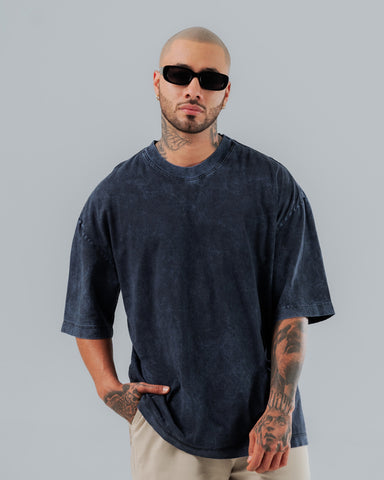 Camiseta Para Hombre Oversize Básica Azul Con Efecto Lavado