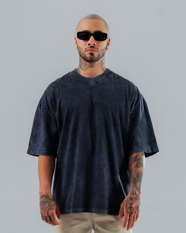 Camiseta Para Hombre Oversize Básica Azul Con Efecto Lavado