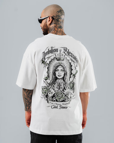 Camiseta Para Hombre Oversize Blanco Virgen Chicano