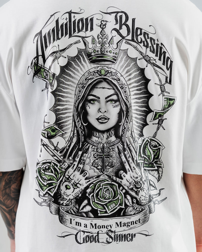 Camiseta Para Hombre Oversize Blanco Virgen Chicano